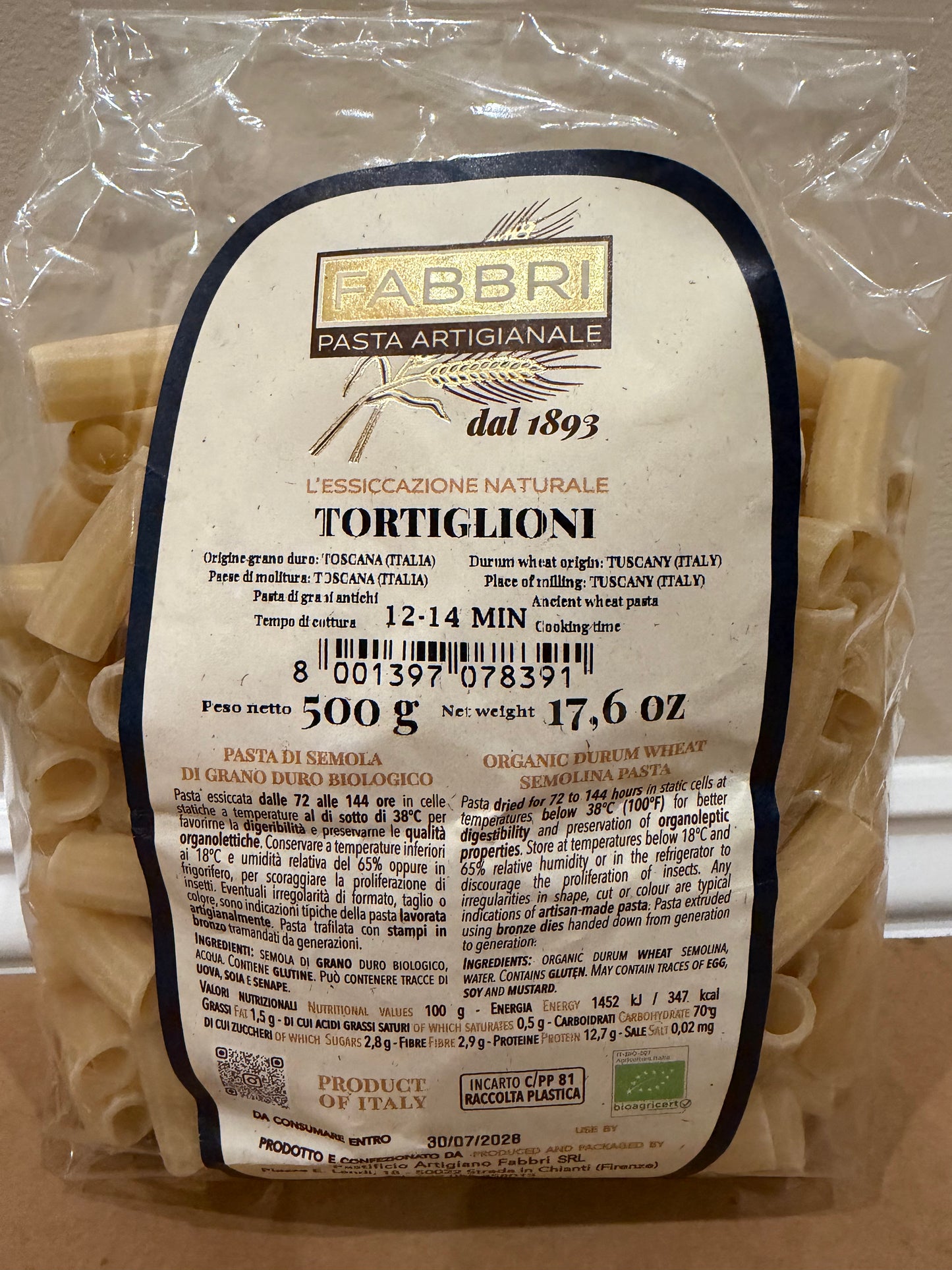 Italian Tortiglioni Pasta: 100% Organic Ancient Grain Semolina Pasta (light colored)